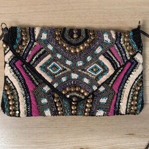 Hand Beaded Black Clutch‎ Purse | Boho Glam Y2K Evening Bag | Crossbody Chain